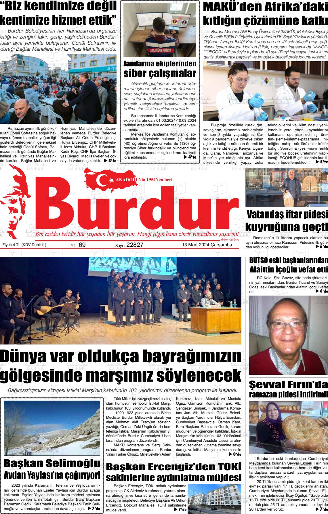 13 Mart 2024 Burdur Gazete Manşeti