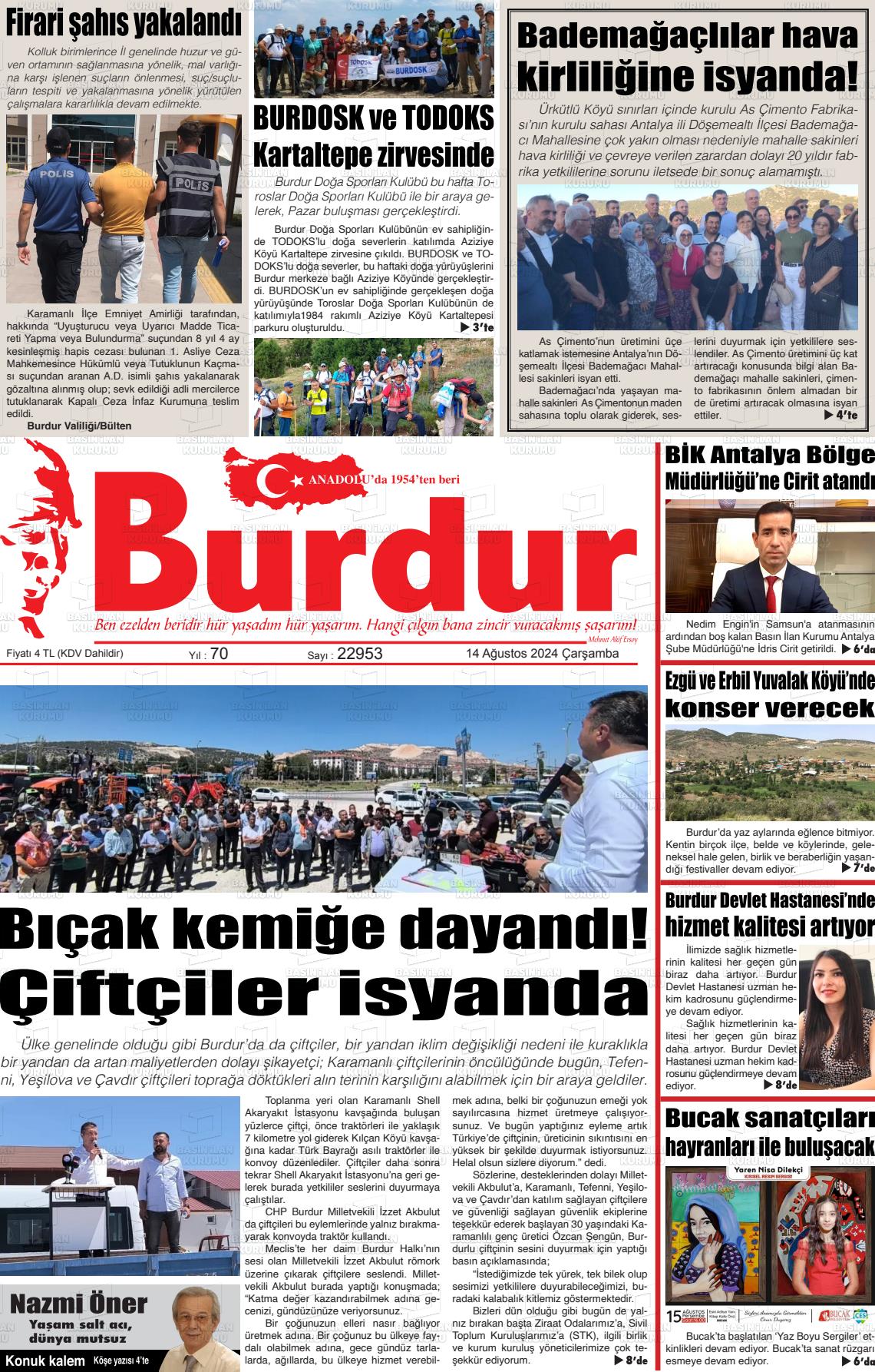 14 Ağustos 2024 Burdur Gazete Manşeti