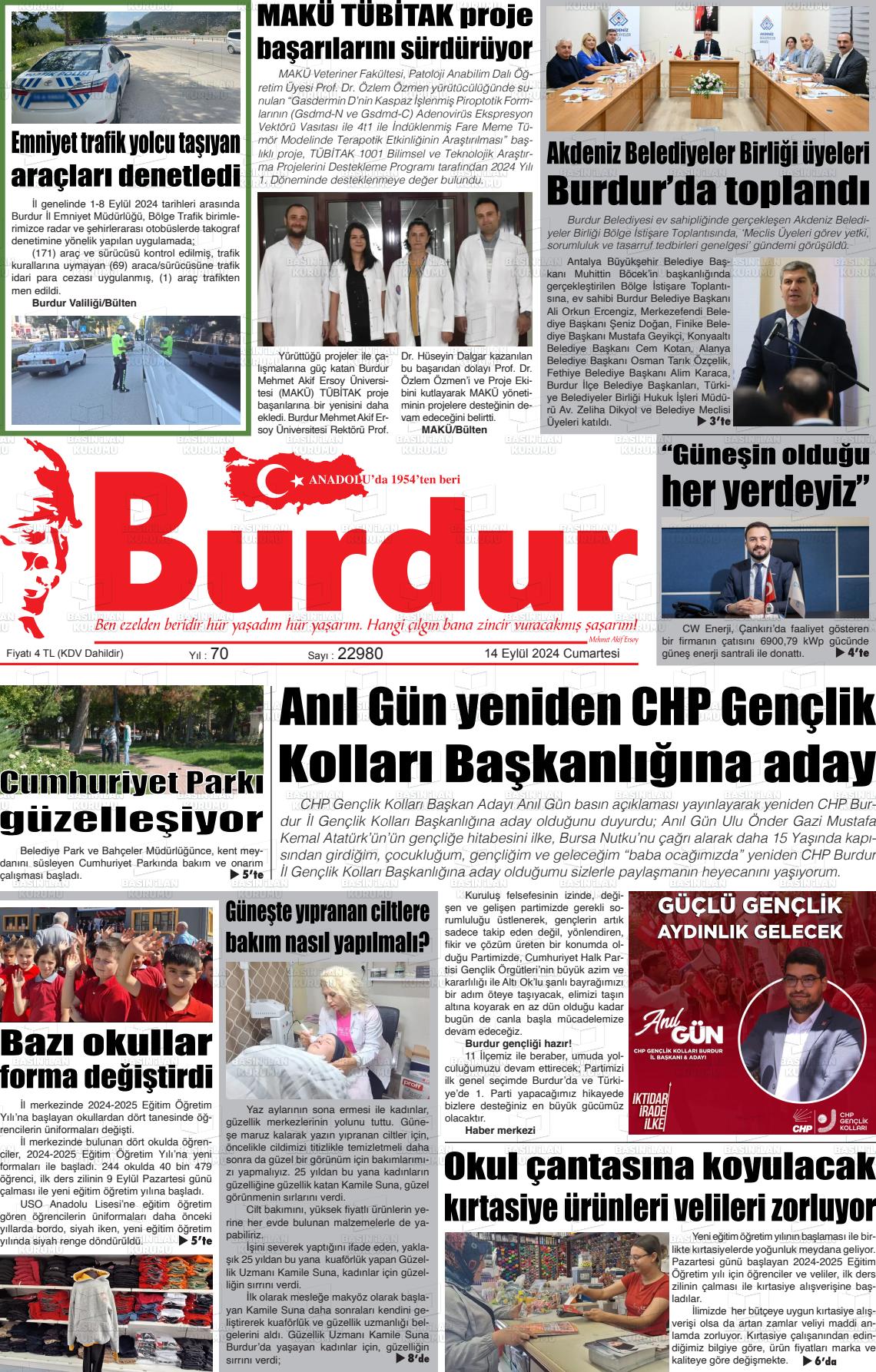 14 Eylül 2024 Burdur Gazete Manşeti