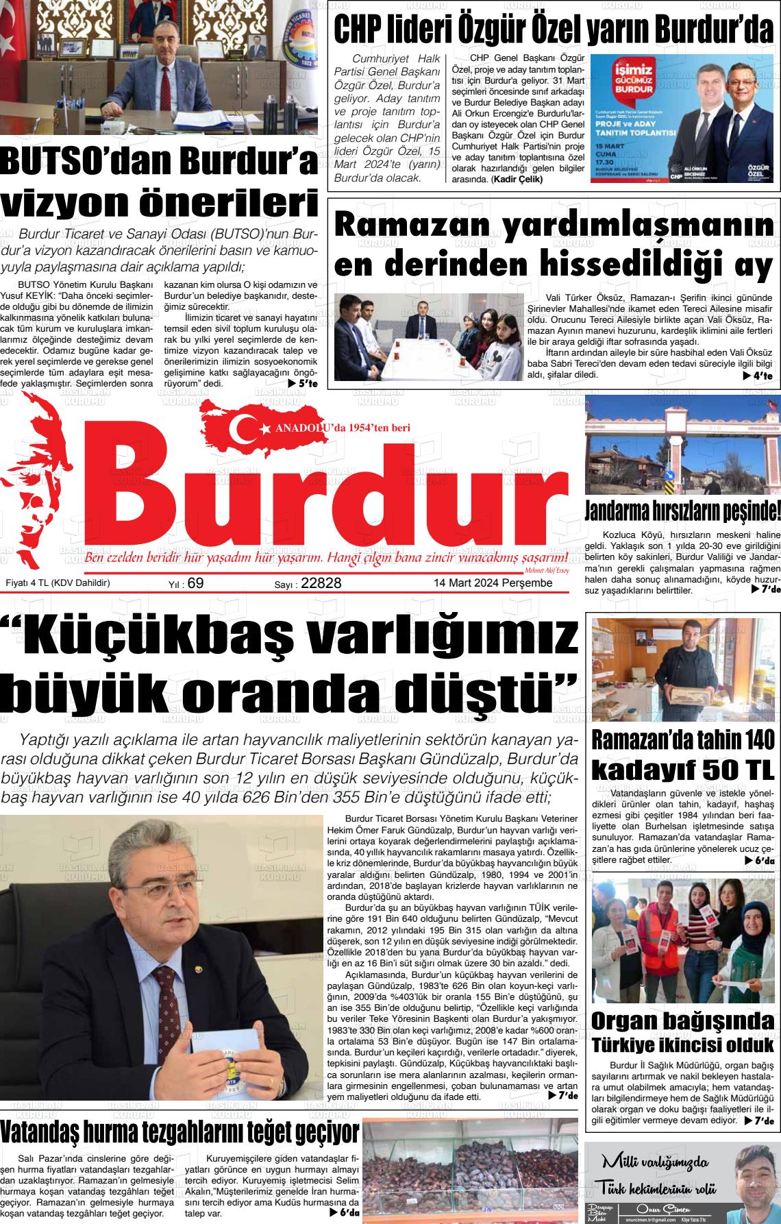 14 Mart 2024 Burdur Gazete Manşeti