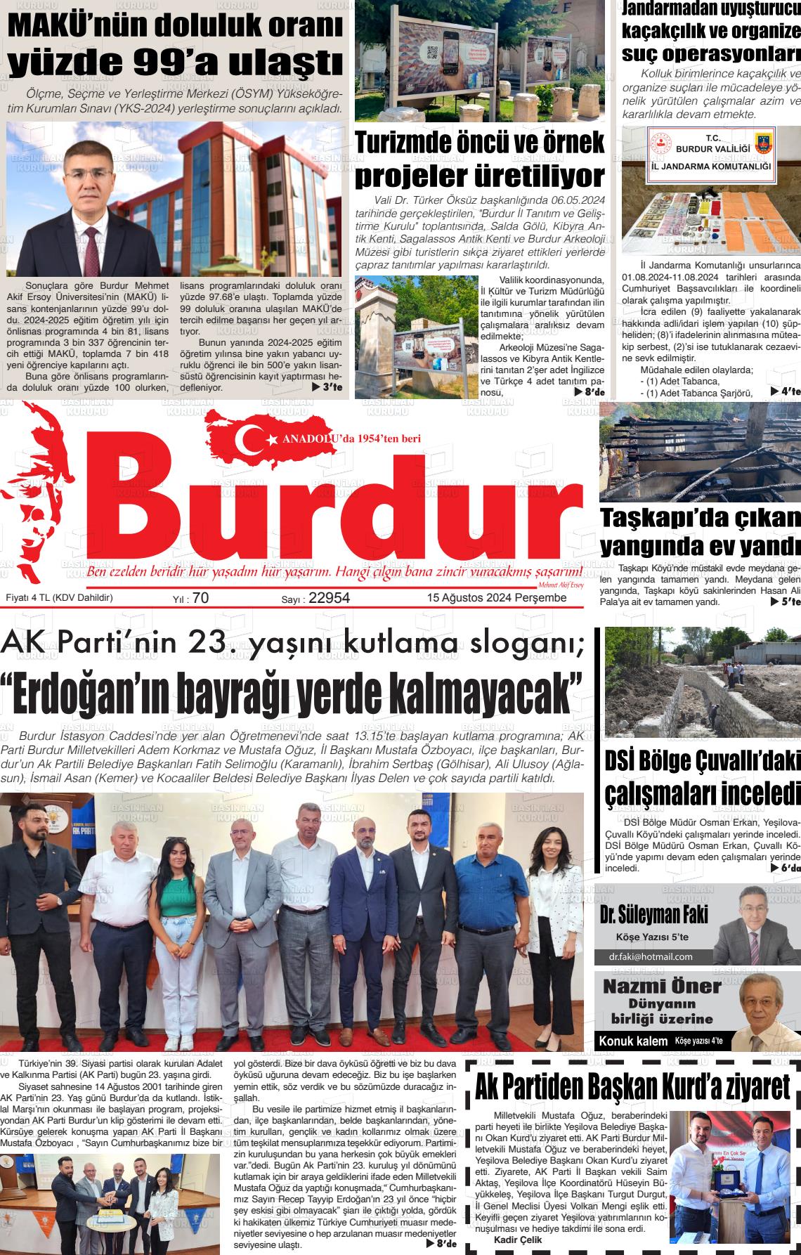 15 Ağustos 2024 Burdur Gazete Manşeti