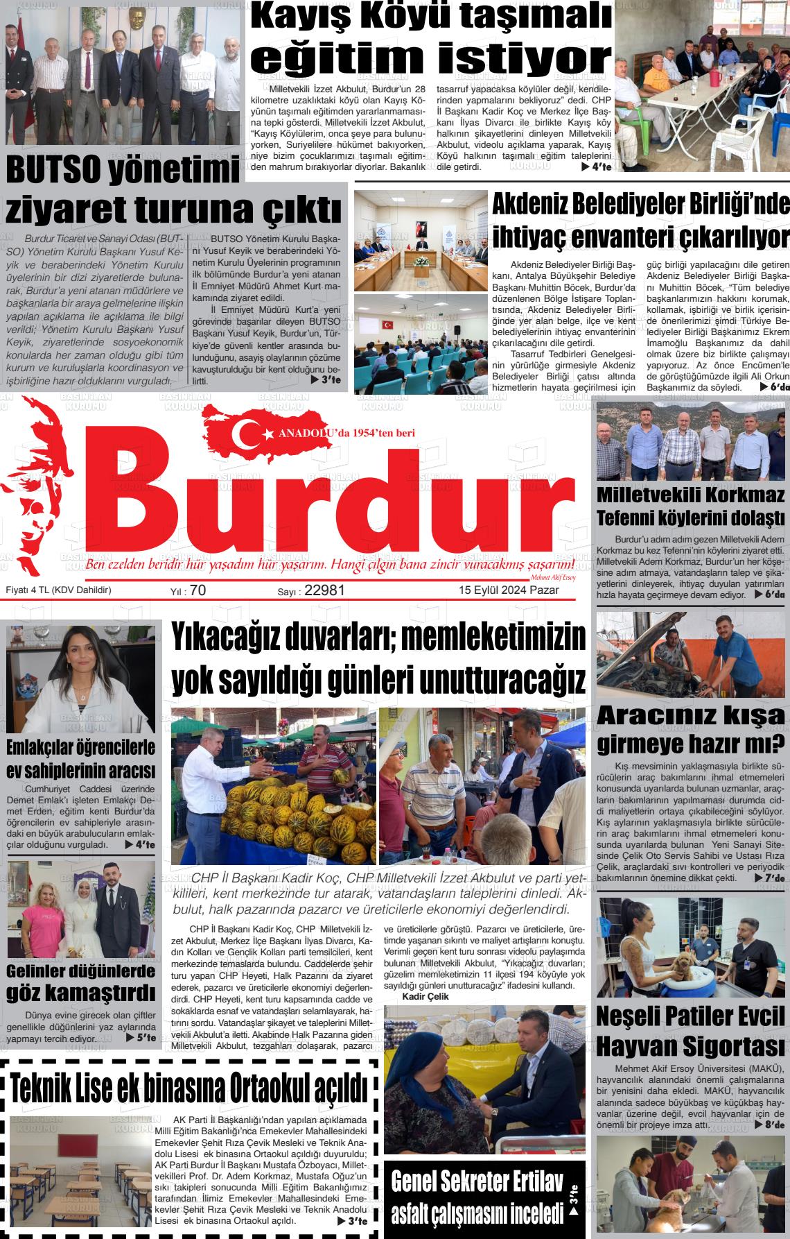 15 Eylül 2024 Burdur Gazete Manşeti