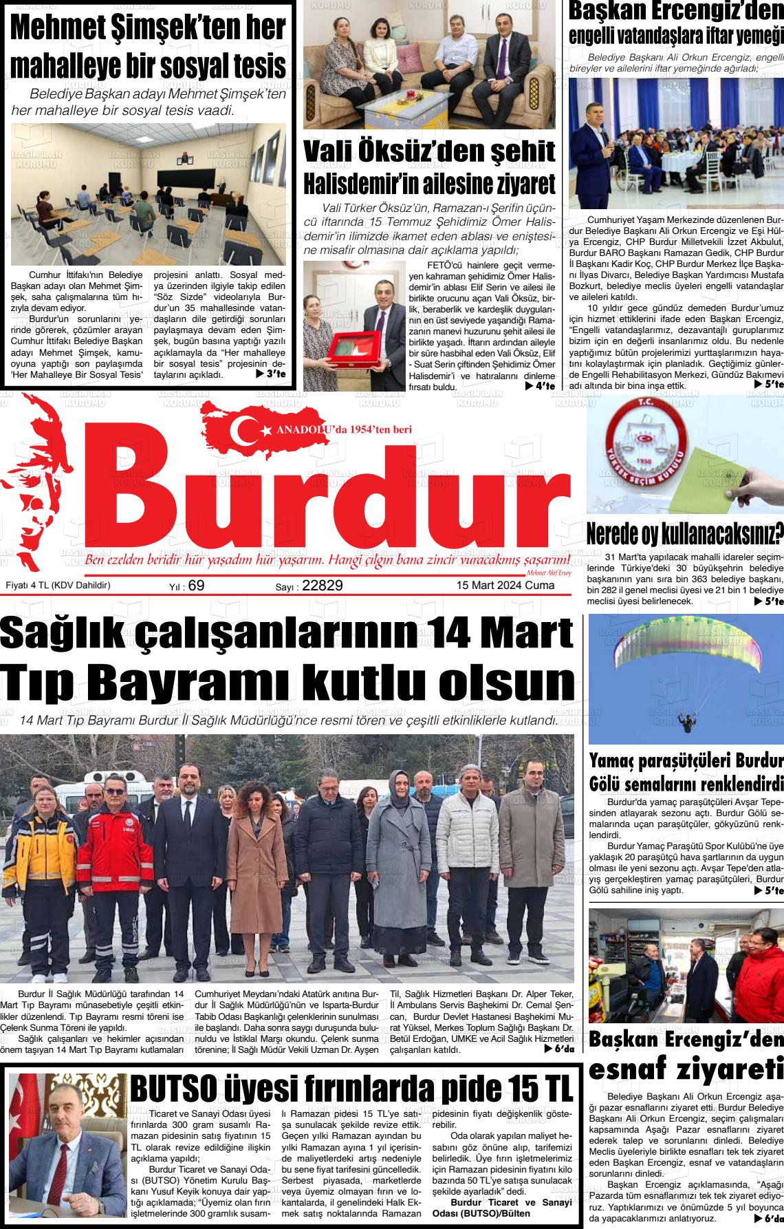 15 Mart 2024 Burdur Gazete Manşeti