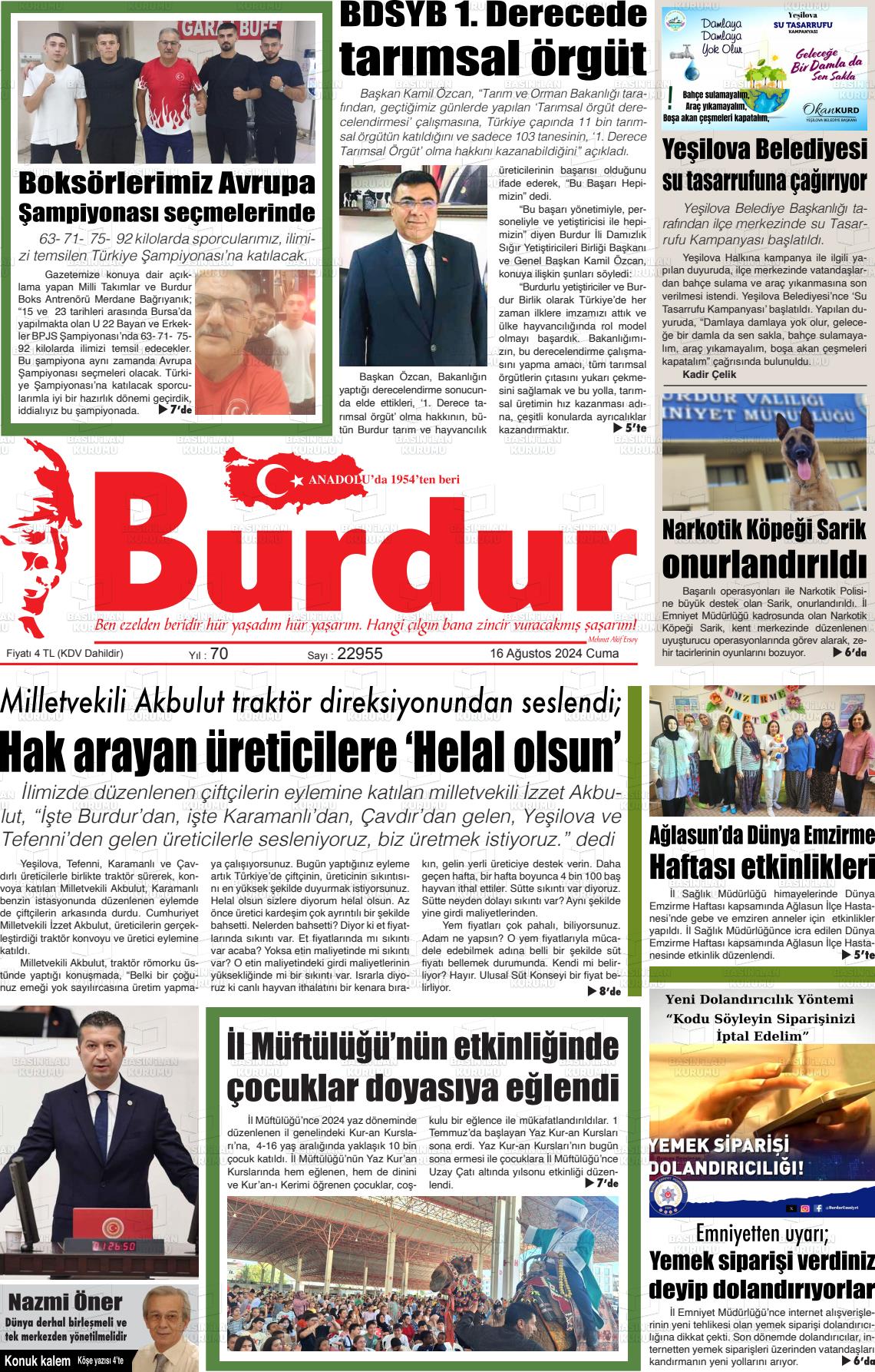 16 Ağustos 2024 Burdur Gazete Manşeti