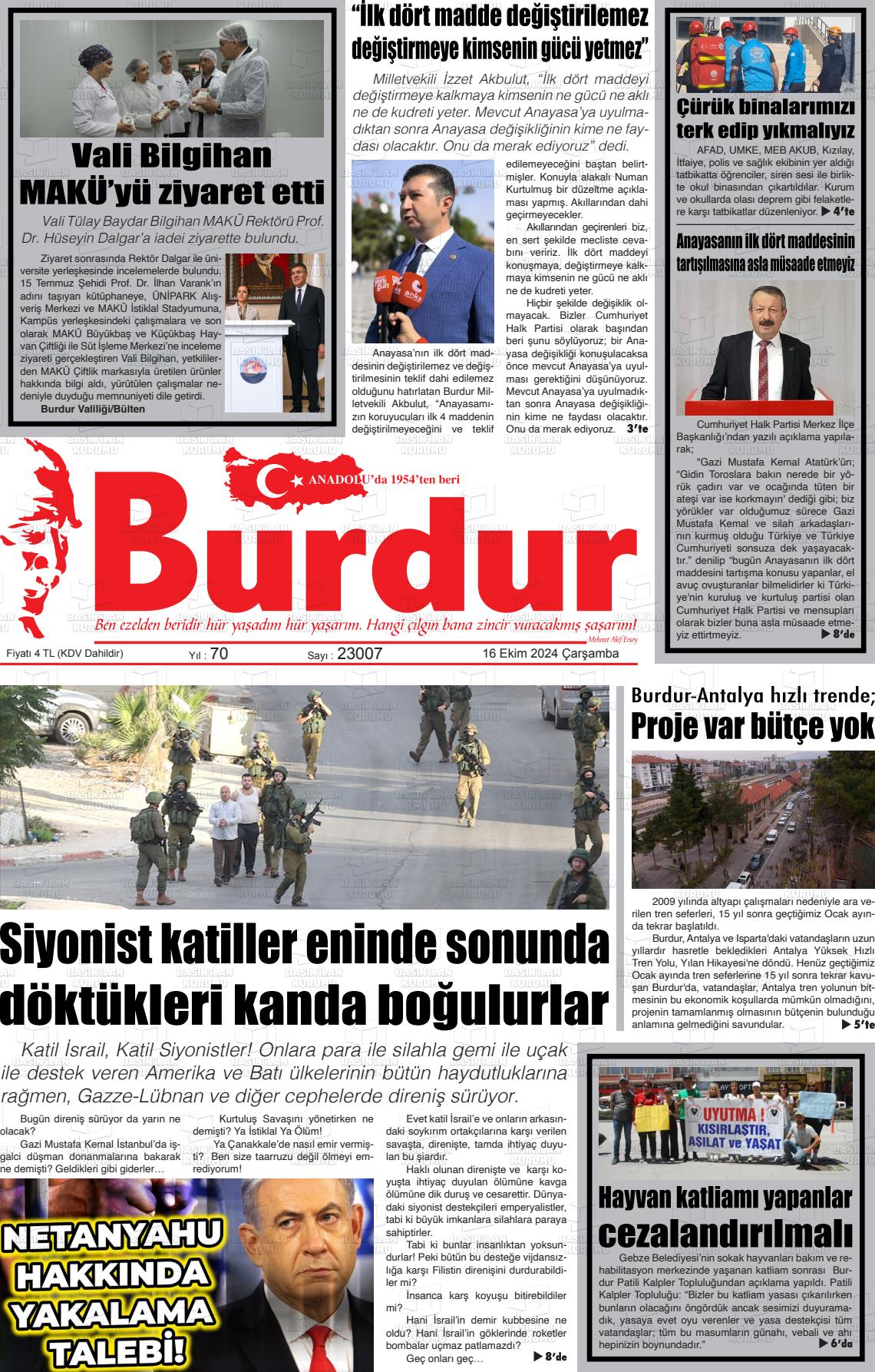 16 Ekim 2024 Burdur Gazete Manşeti