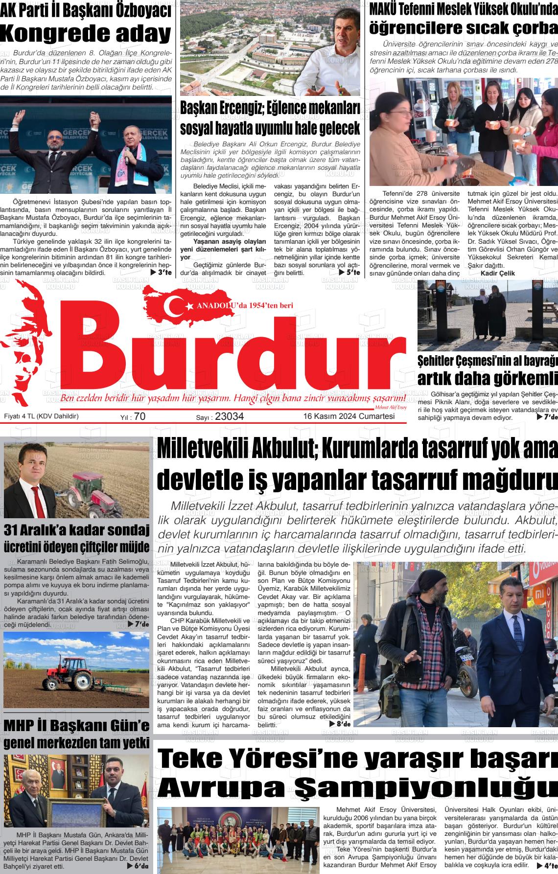 16 Kasım 2024 Burdur Gazete Manşeti