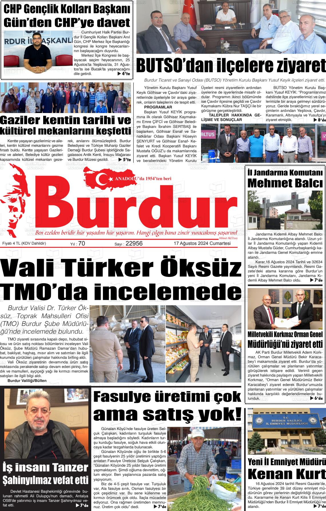 17 Ağustos 2024 Burdur Gazete Manşeti