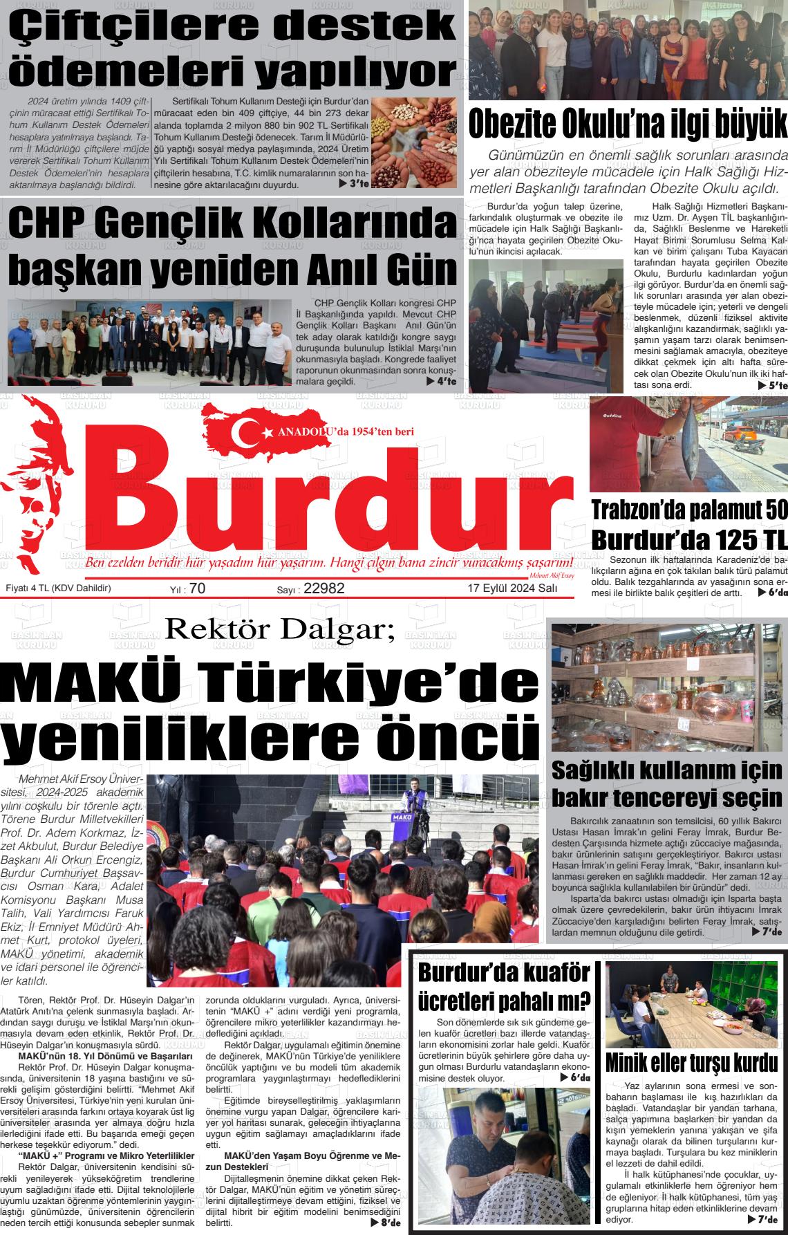 17 Eylül 2024 Burdur Gazete Manşeti