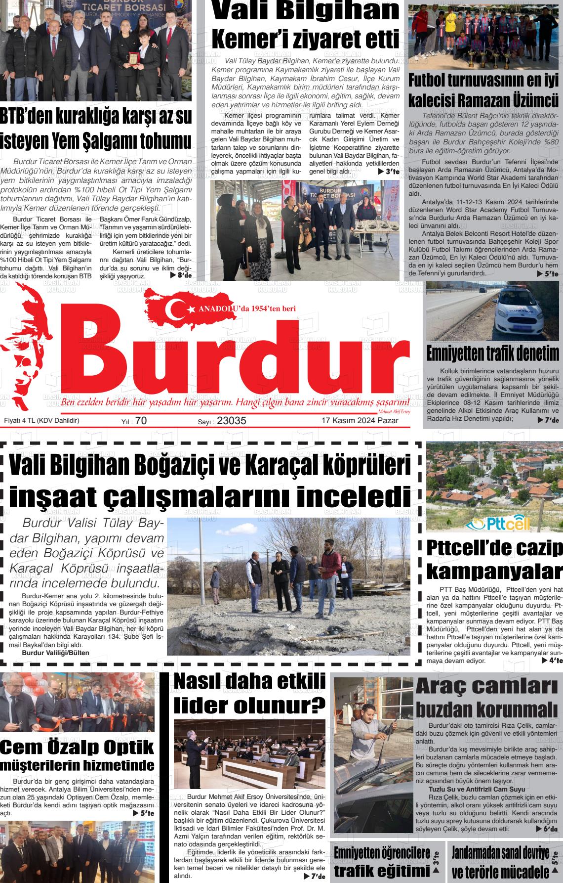 17 Kasım 2024 Burdur Gazete Manşeti