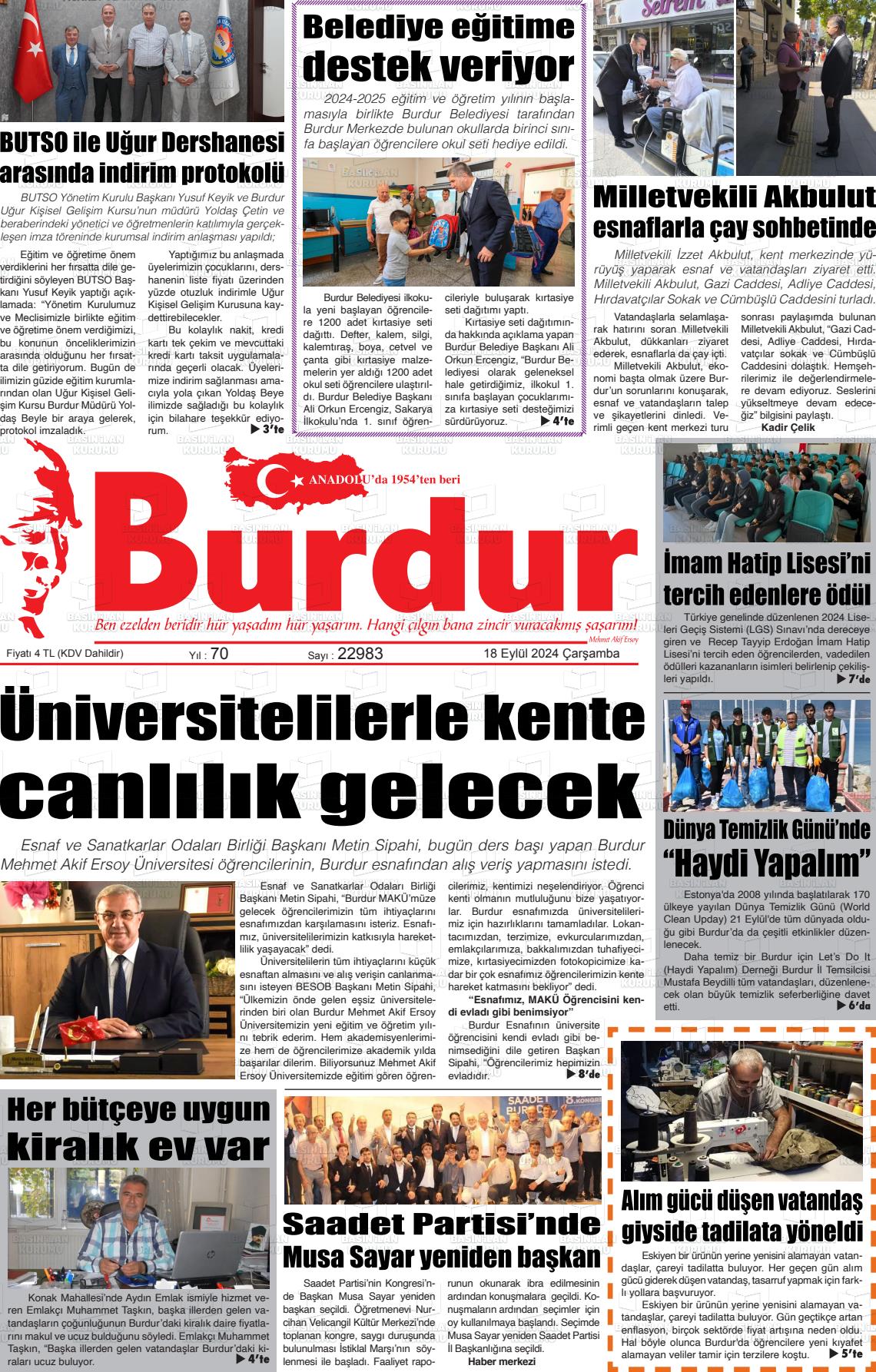 18 Eylül 2024 Burdur Gazete Manşeti