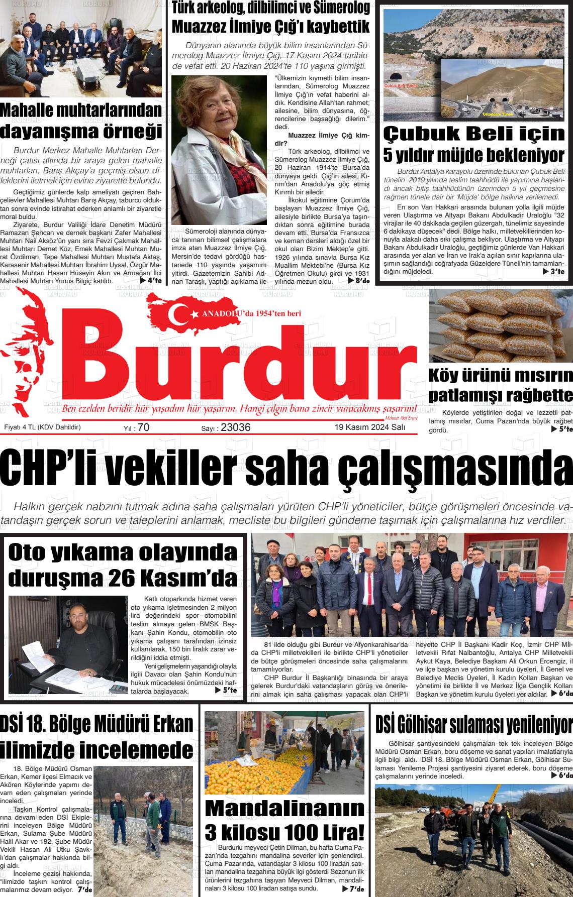 19 Kasım 2024 Burdur Gazete Manşeti