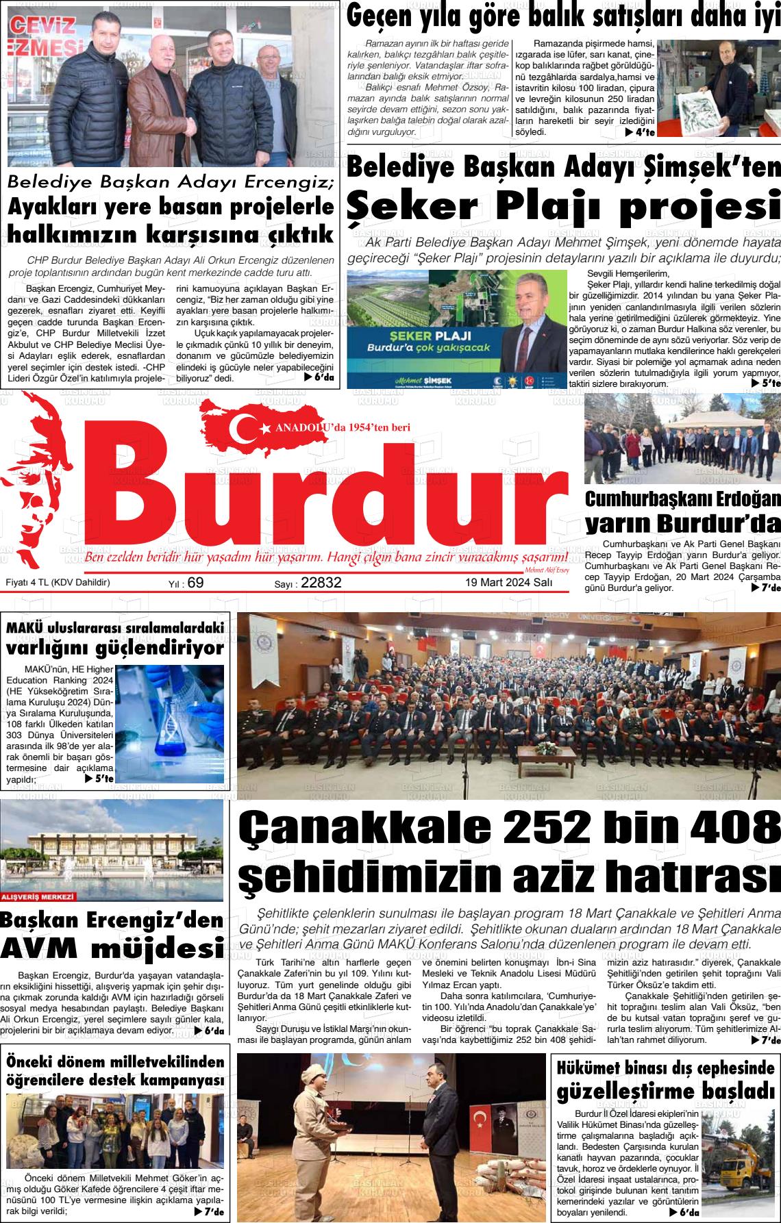 19 Mart 2024 Burdur Gazete Manşeti