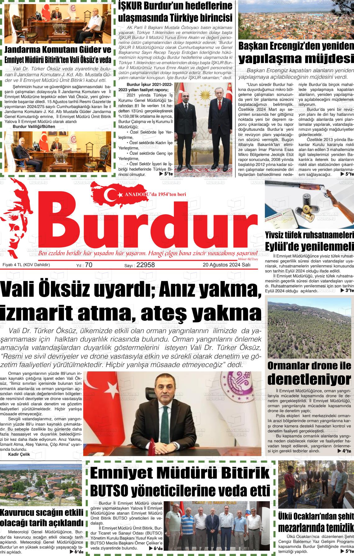 20 Ağustos 2024 Burdur Gazete Manşeti