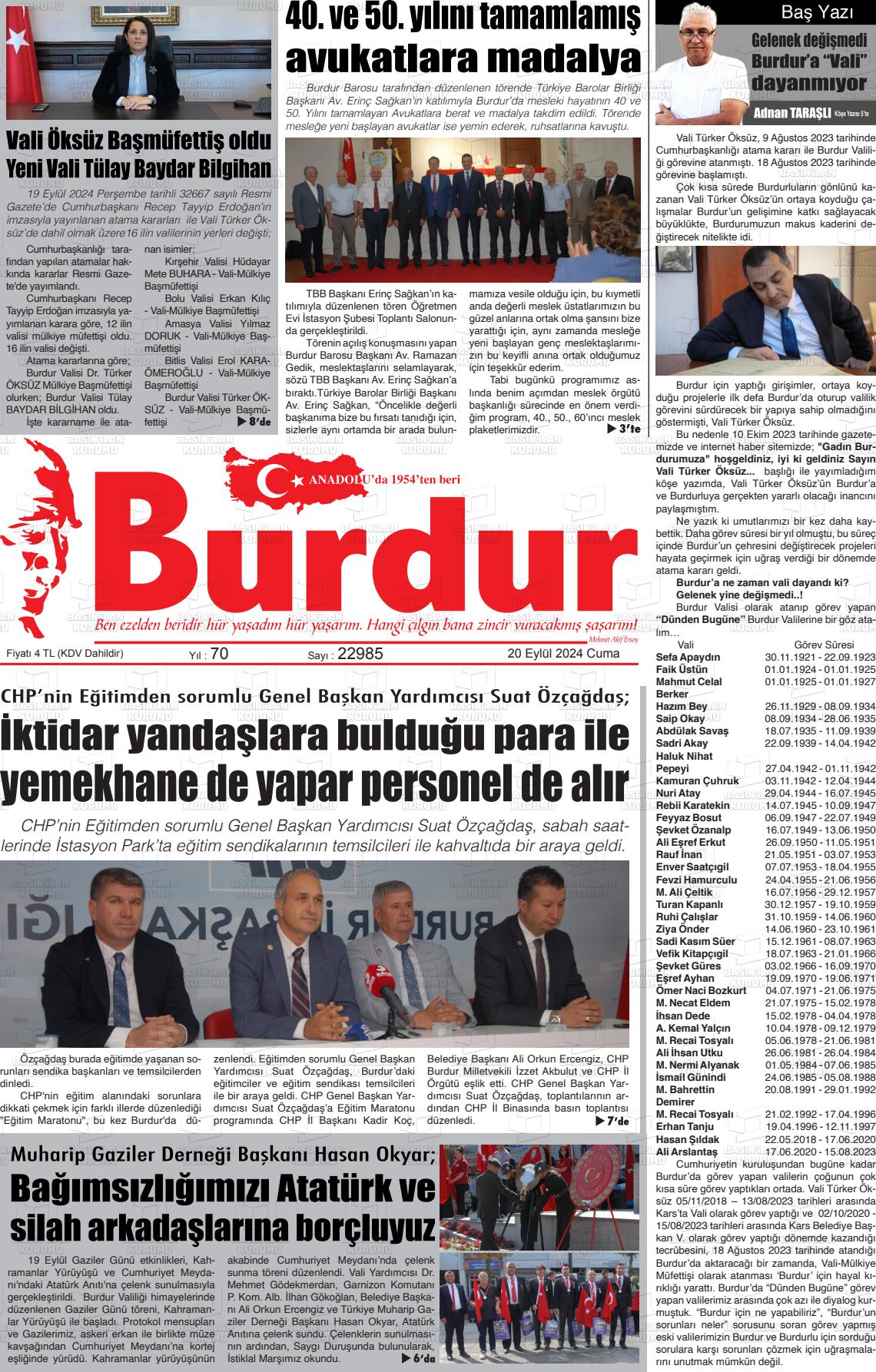 20 Eylül 2024 Burdur Gazete Manşeti