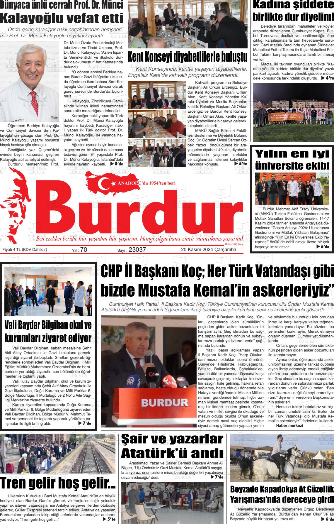 20 Kasım 2024 Burdur Gazete Manşeti