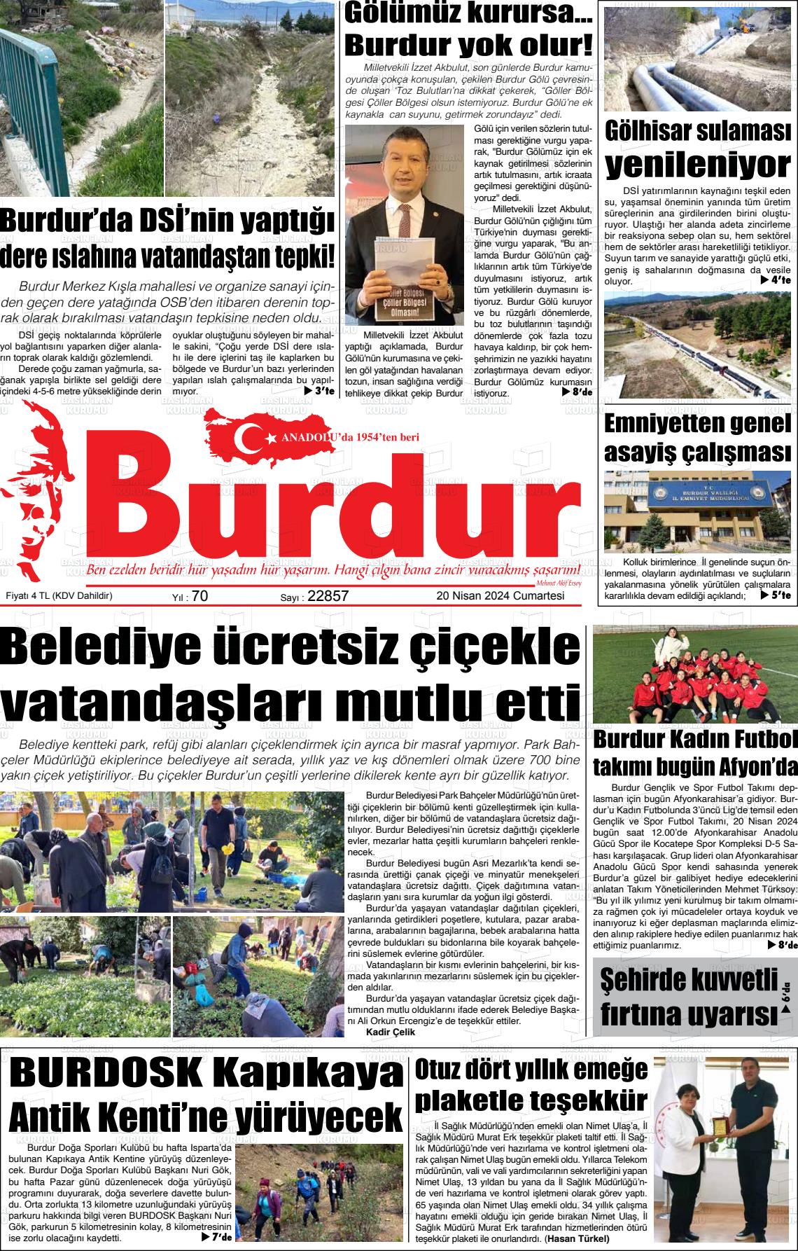 20 Nisan 2024 Burdur Gazete Manşeti