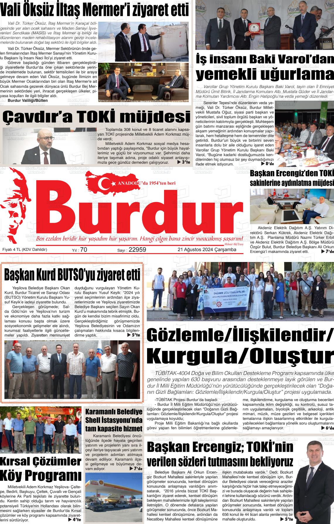 21 Ağustos 2024 Burdur Gazete Manşeti