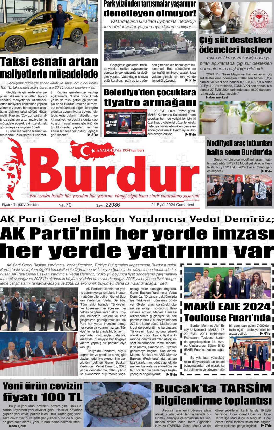 21 Eylül 2024 Burdur Gazete Manşeti