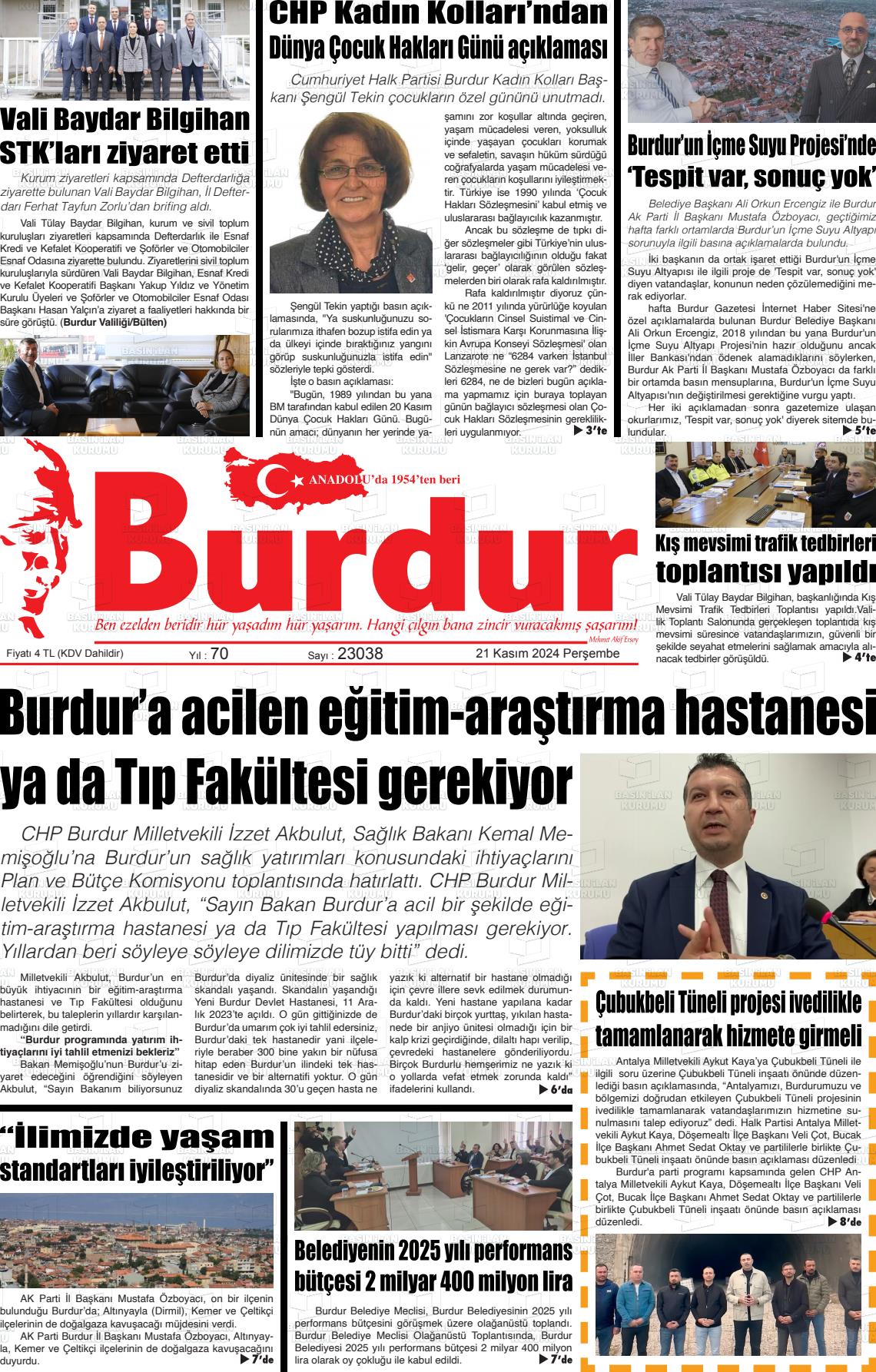 21 Kasım 2024 Burdur Gazete Manşeti