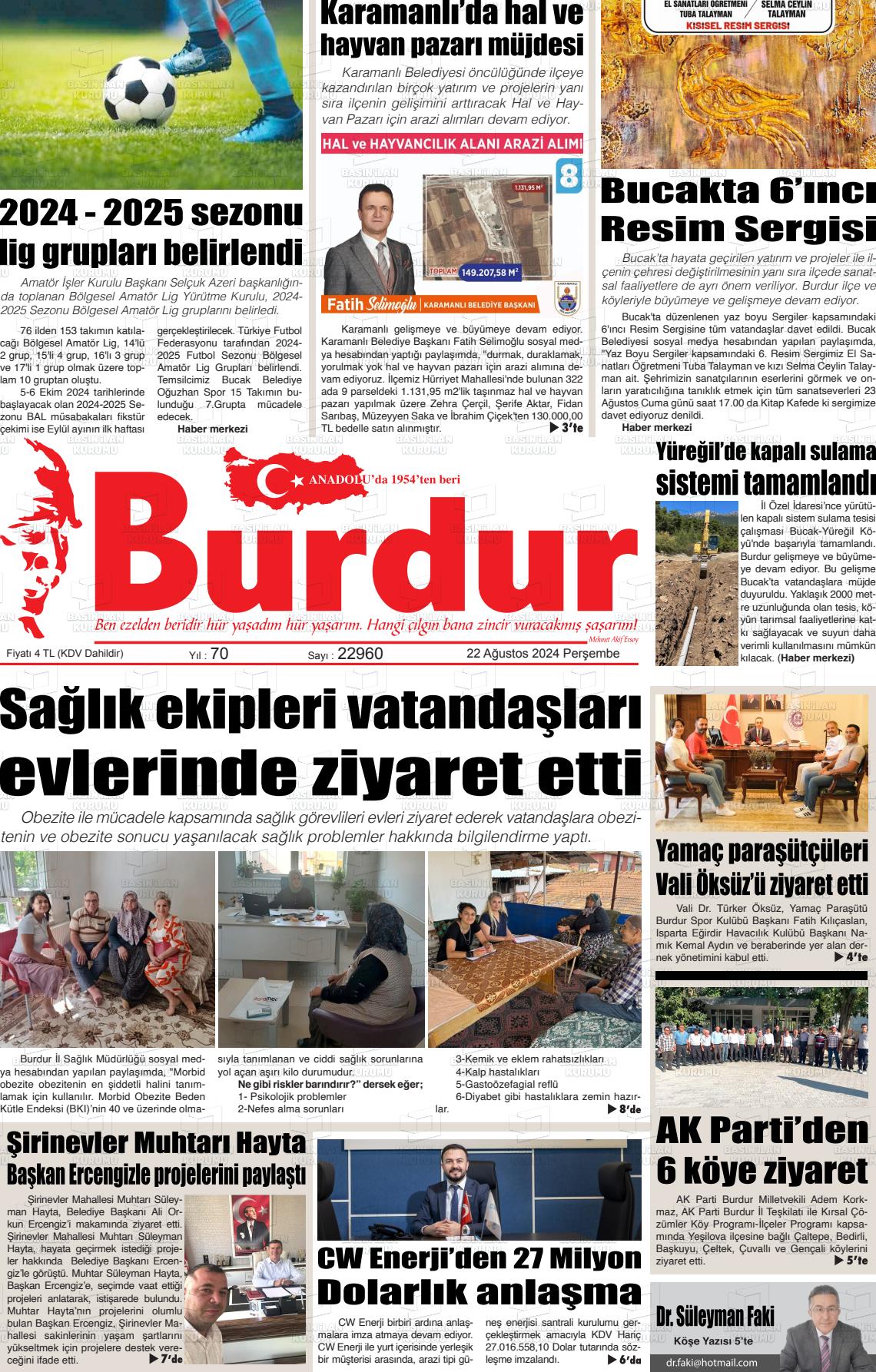 22 Ağustos 2024 Burdur Gazete Manşeti