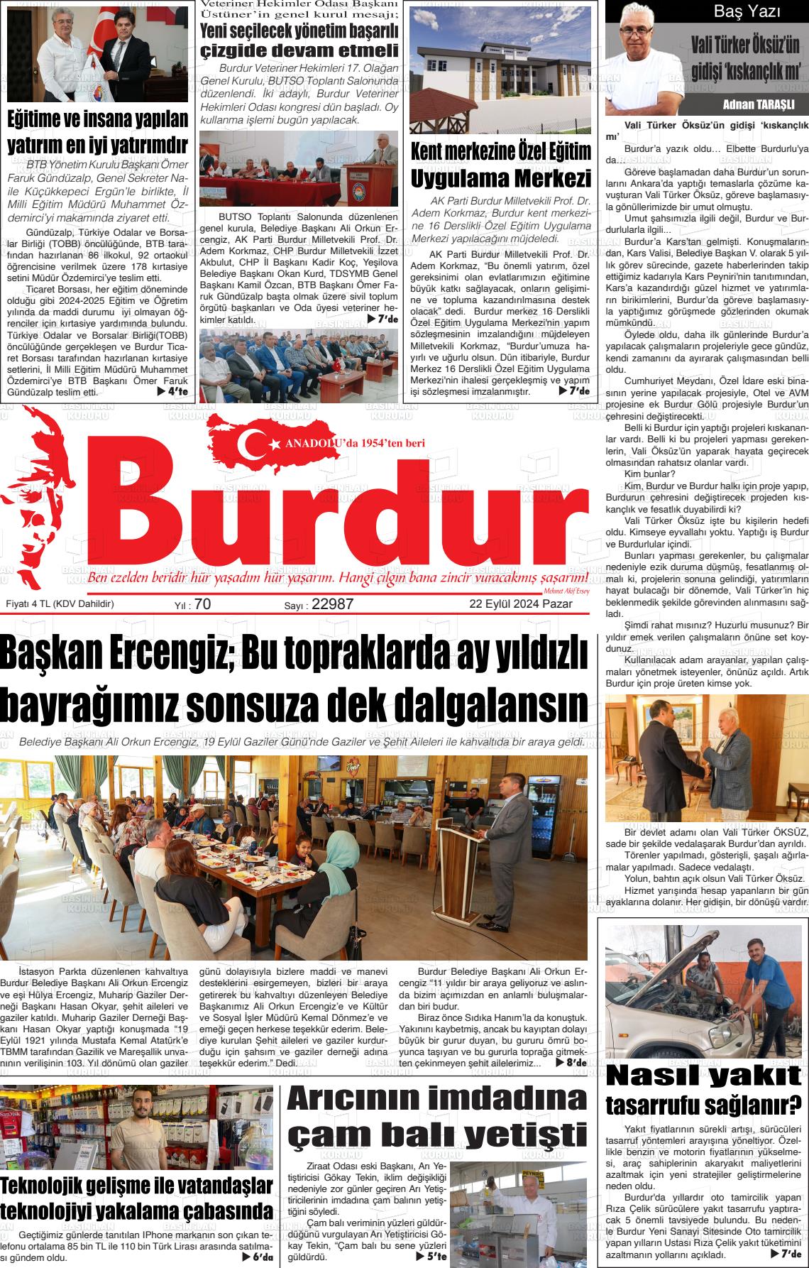 22 Eylül 2024 Burdur Gazete Manşeti