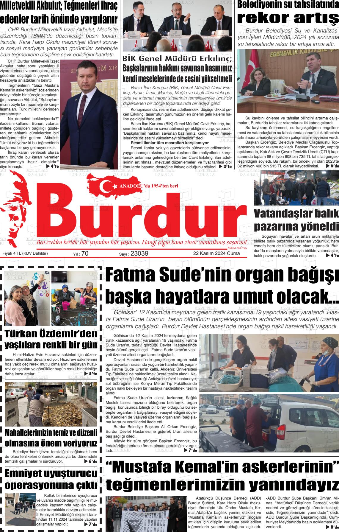 22 Kasım 2024 Burdur Gazete Manşeti