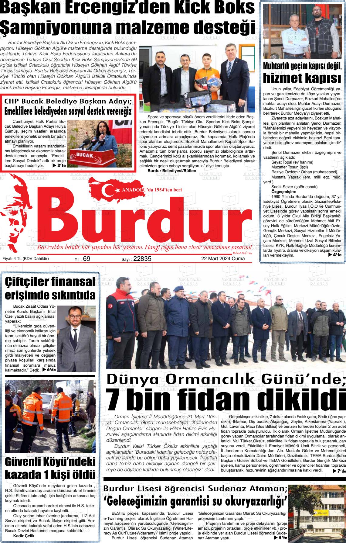 22 Mart 2024 Burdur Gazete Manşeti