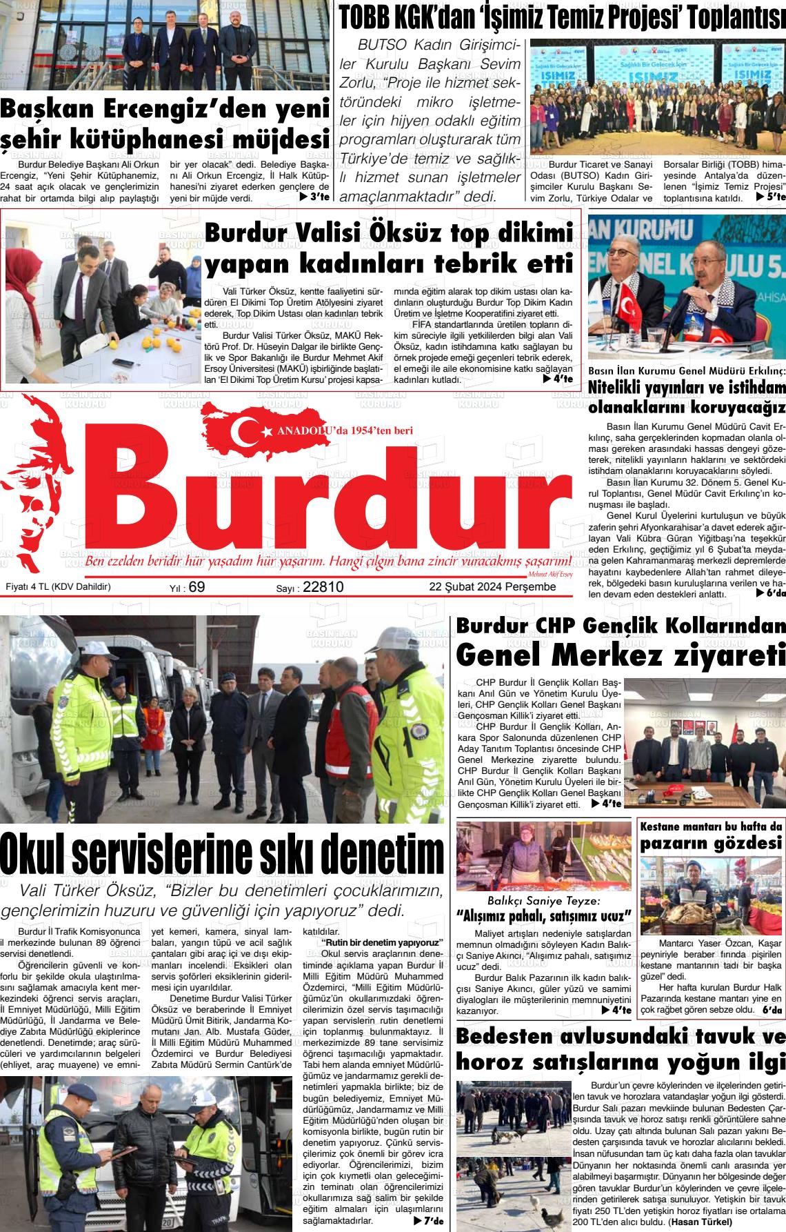 22 Şubat 2024 Burdur Gazete Manşeti