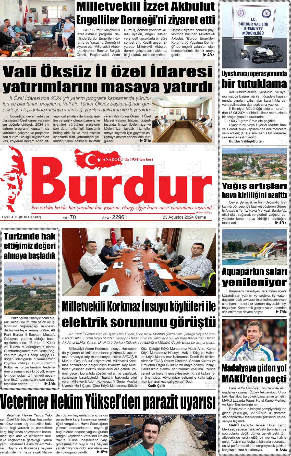 23 Ağustos 2024 Burdur Gazete Manşeti