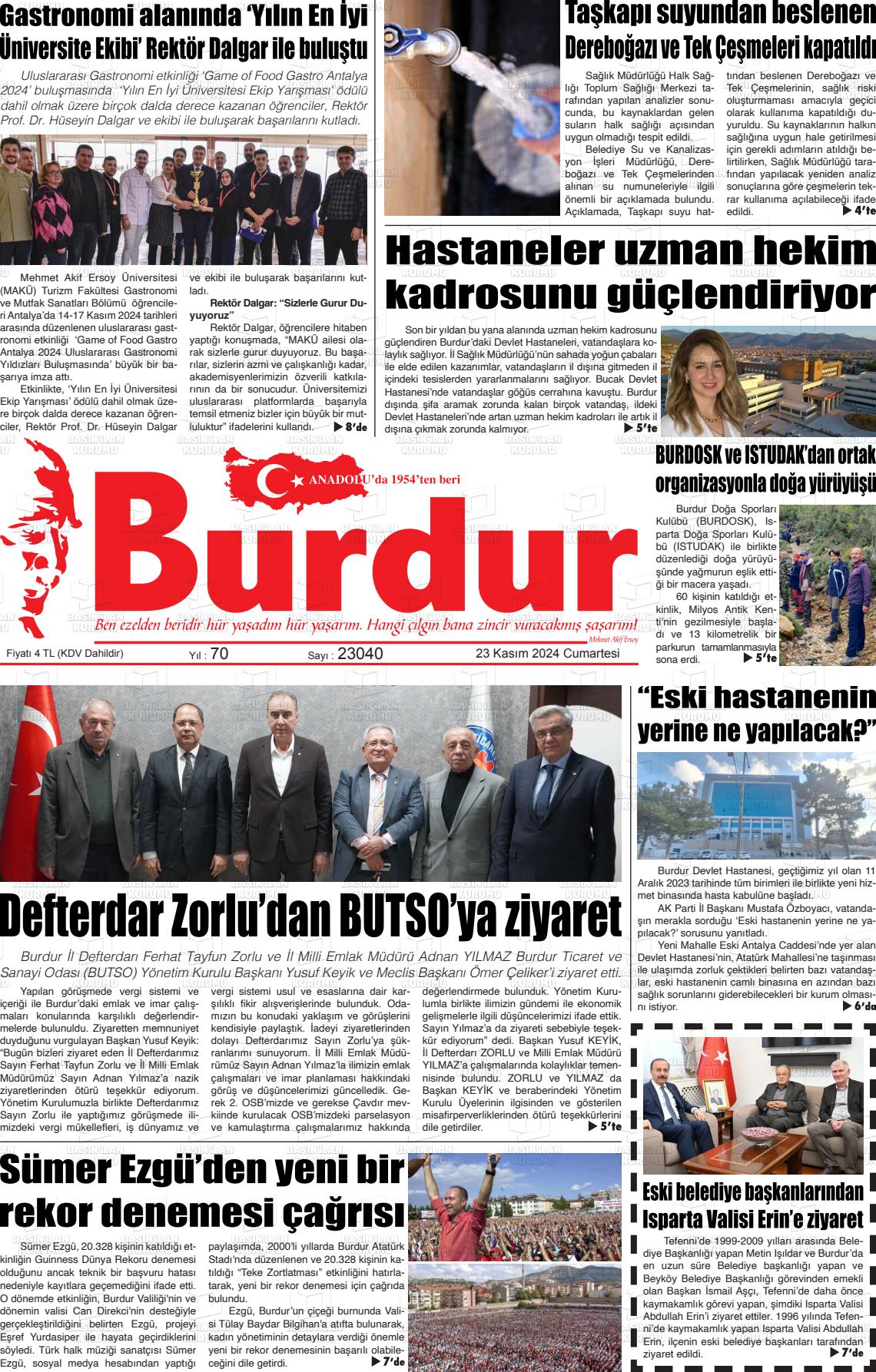 23 Kasım 2024 Burdur Gazete Manşeti