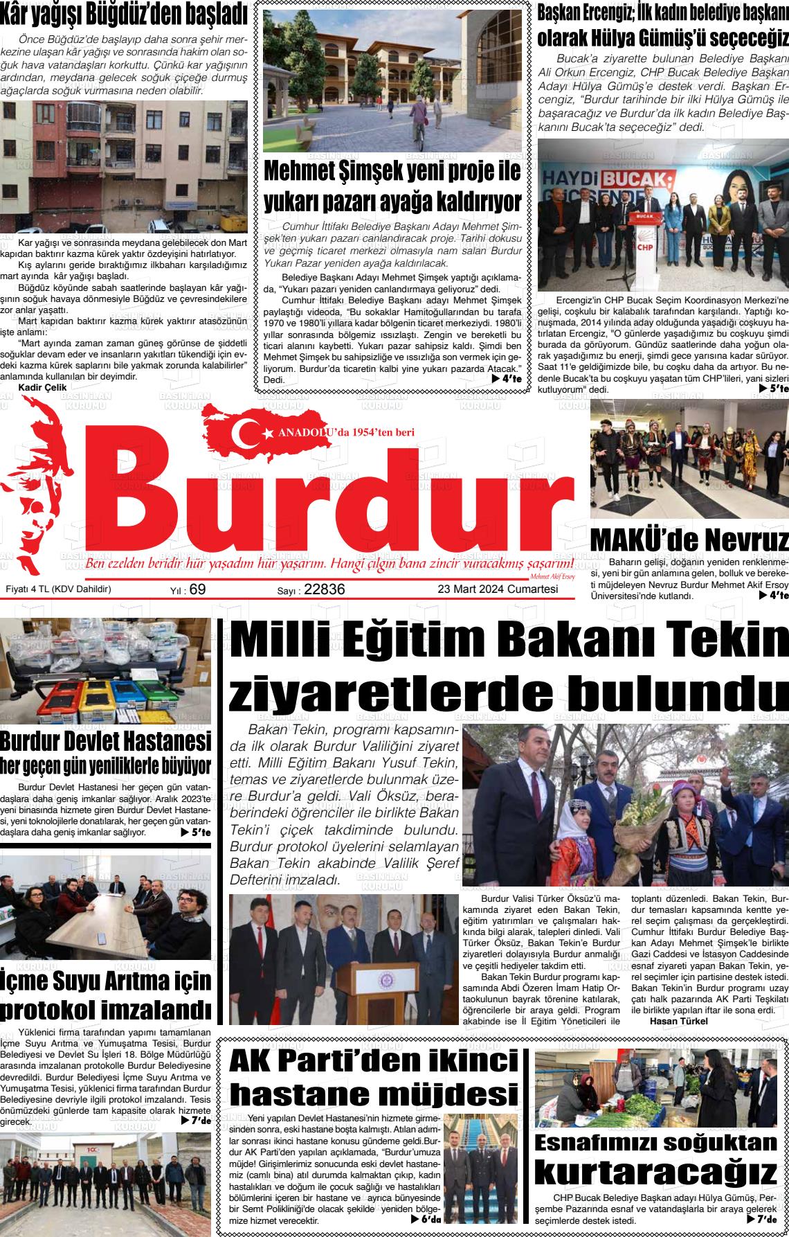 23 Mart 2024 Burdur Gazete Manşeti