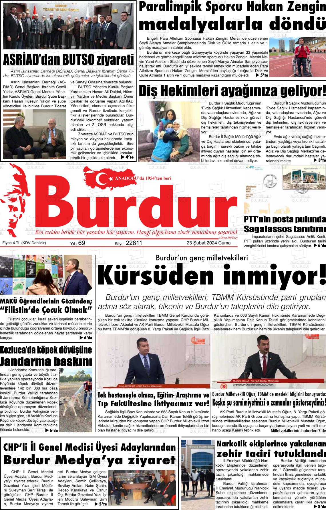 23 Şubat 2024 Burdur Gazete Manşeti