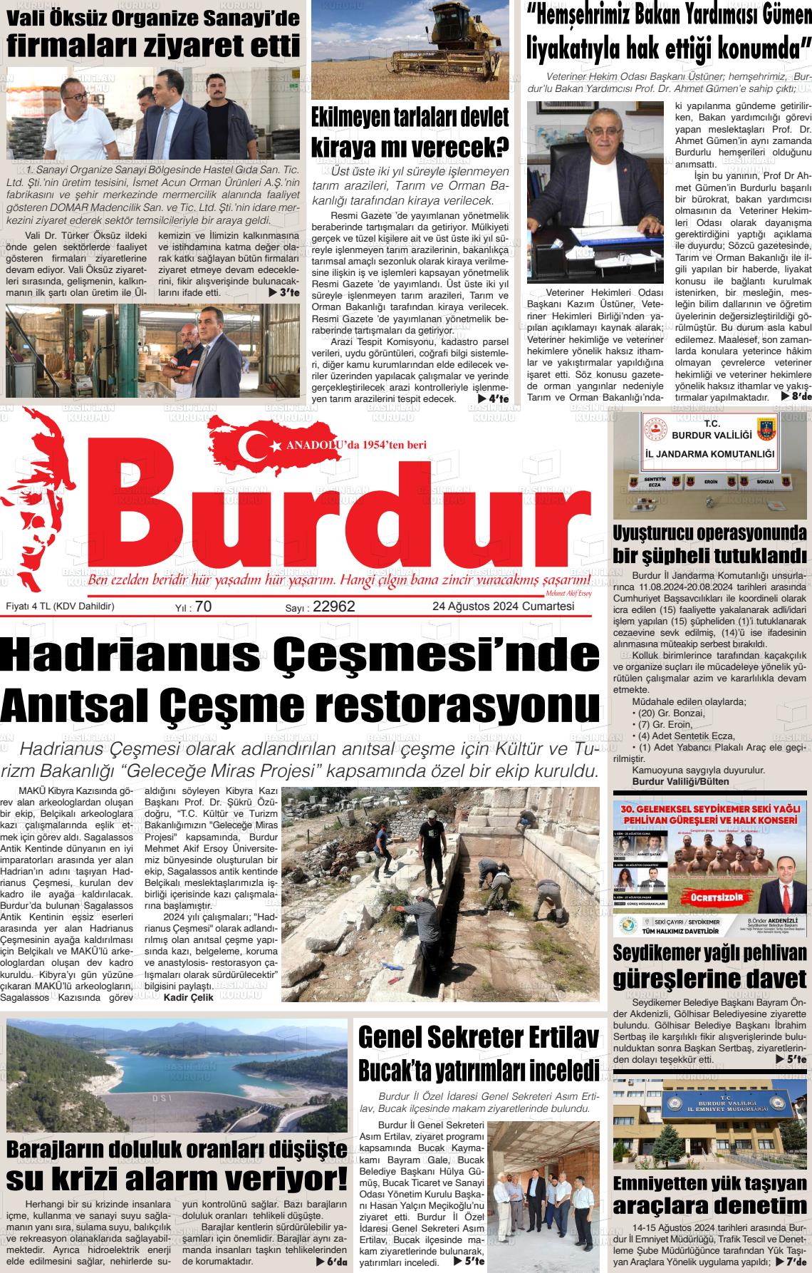 24 Ağustos 2024 Burdur Gazete Manşeti