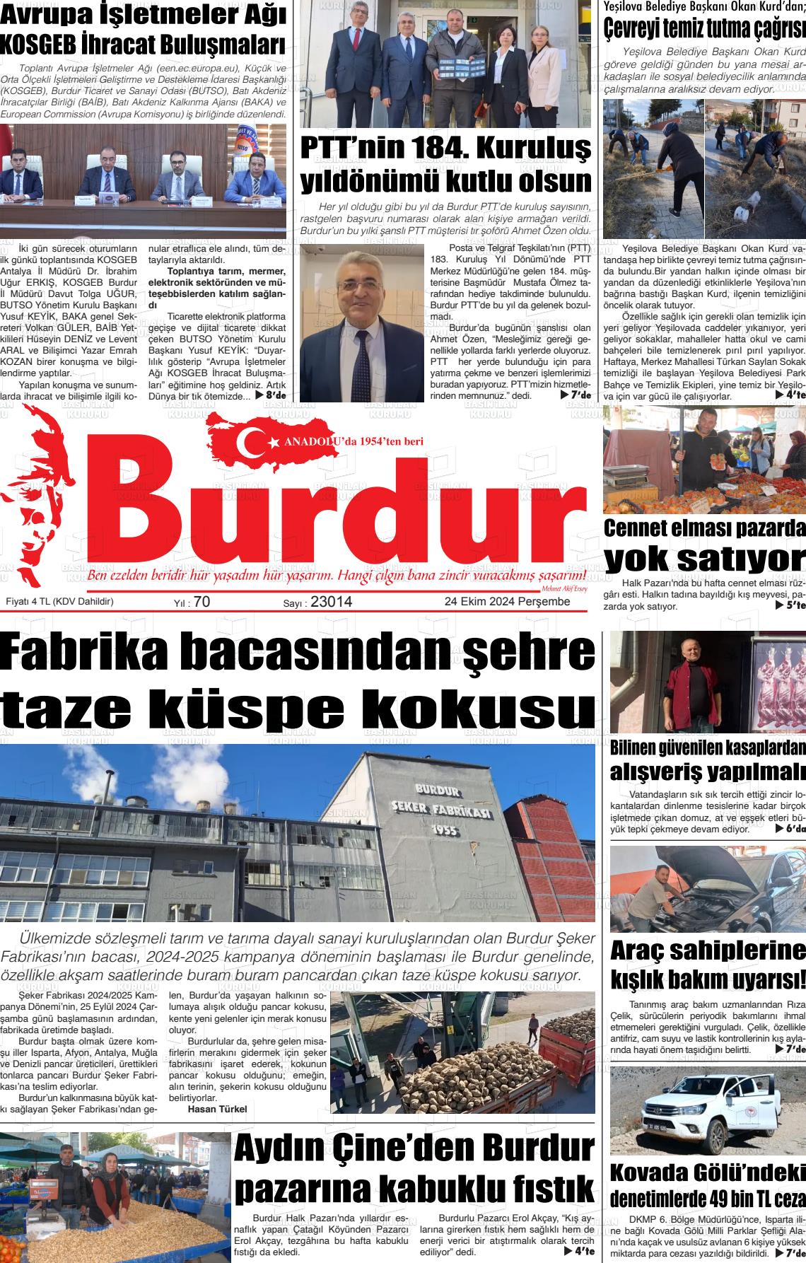 24 Ekim 2024 Burdur Gazete Manşeti