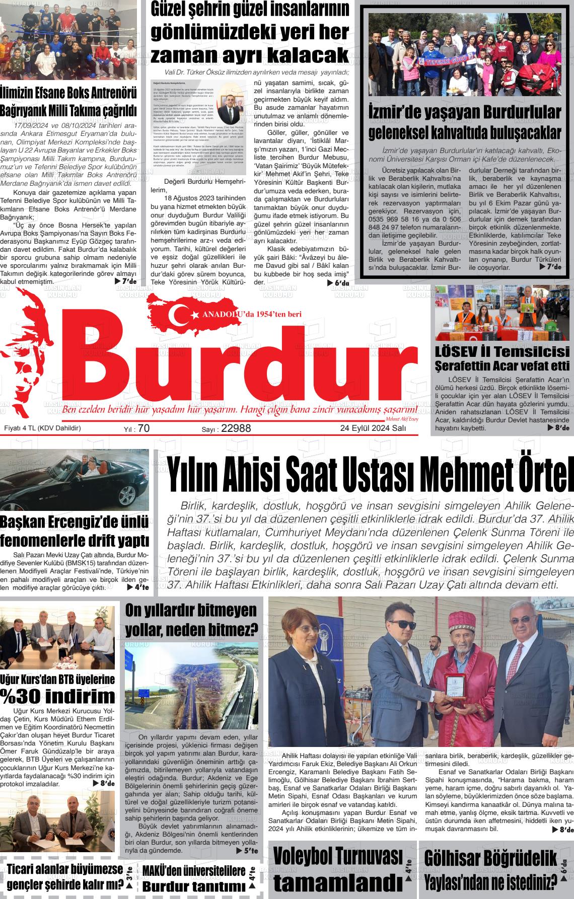 25 Eylül 2024 Burdur Gazete Manşeti