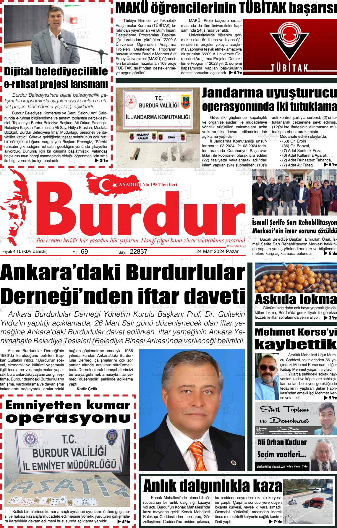 24 Mart 2024 Burdur Gazete Manşeti