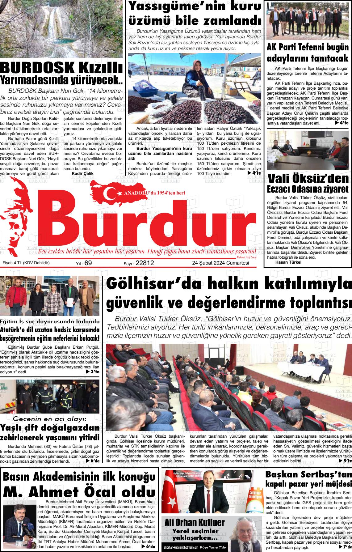 24 Şubat 2024 Burdur Gazete Manşeti