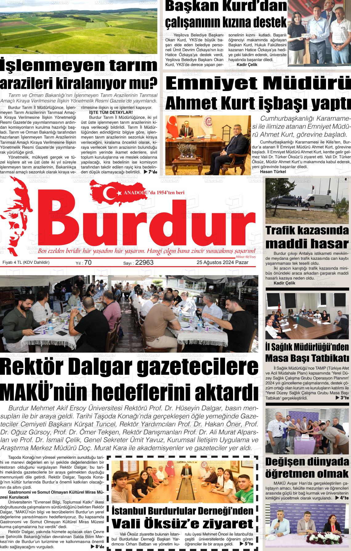 25 Ağustos 2024 Burdur Gazete Manşeti