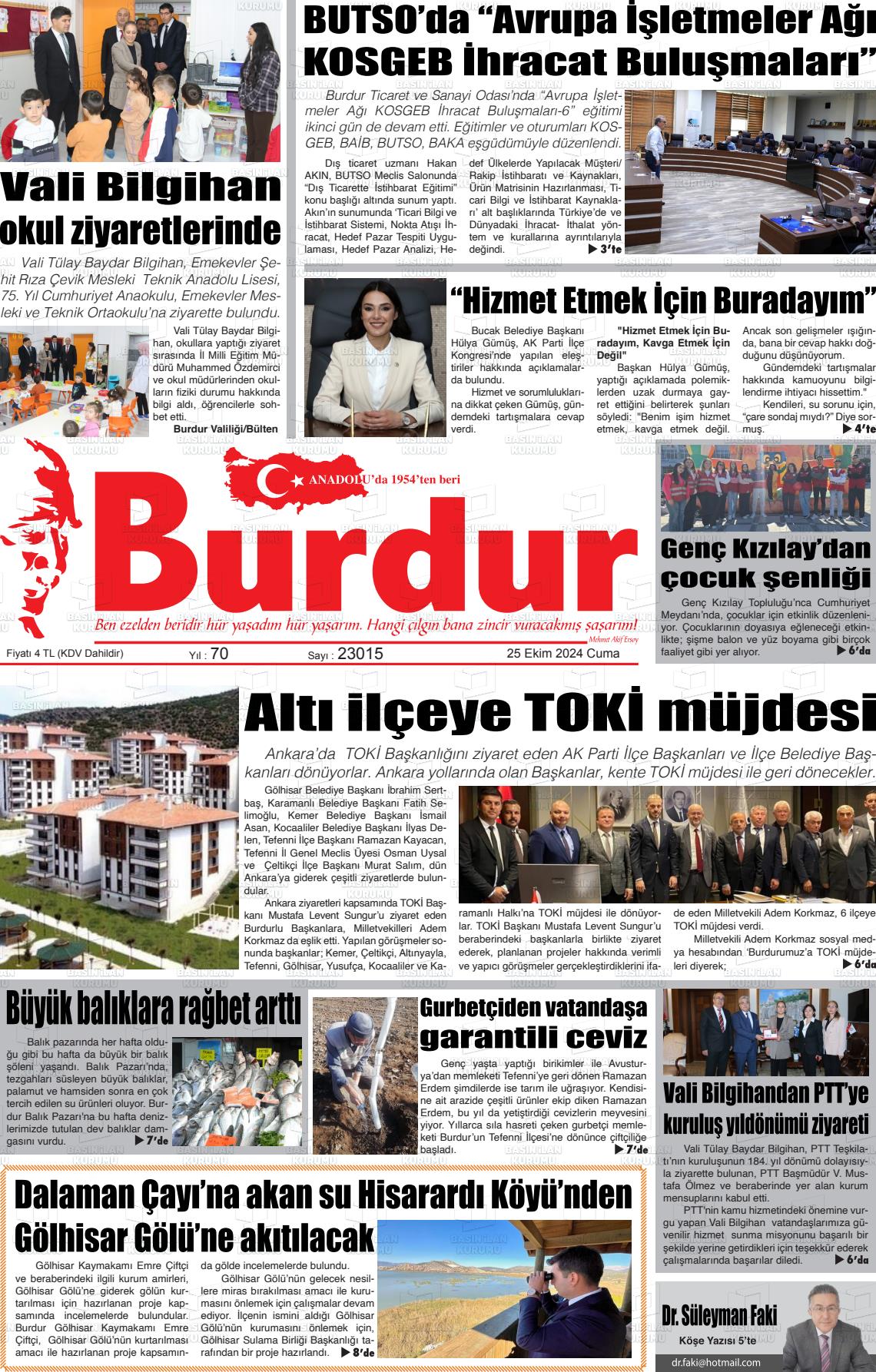 25 Ekim 2024 Burdur Gazete Manşeti