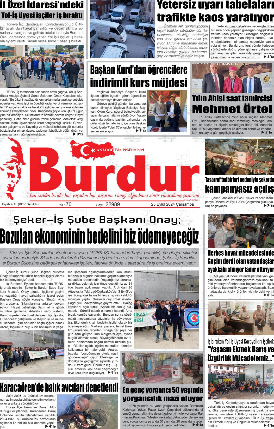 25 Eylül 2024 Burdur Gazete Manşeti