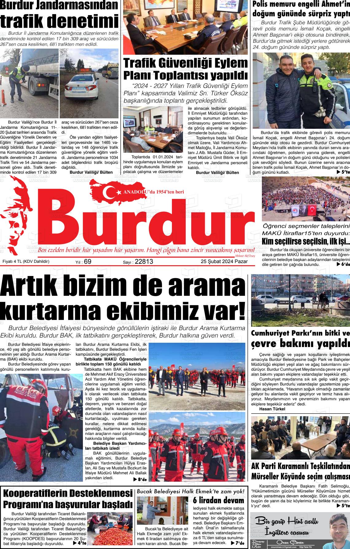 25 Şubat 2024 Burdur Gazete Manşeti