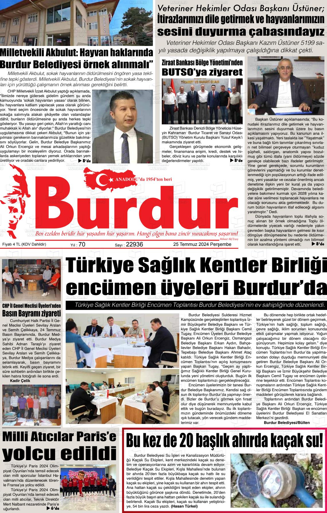 25 Temmuz 2024 Burdur Gazete Manşeti