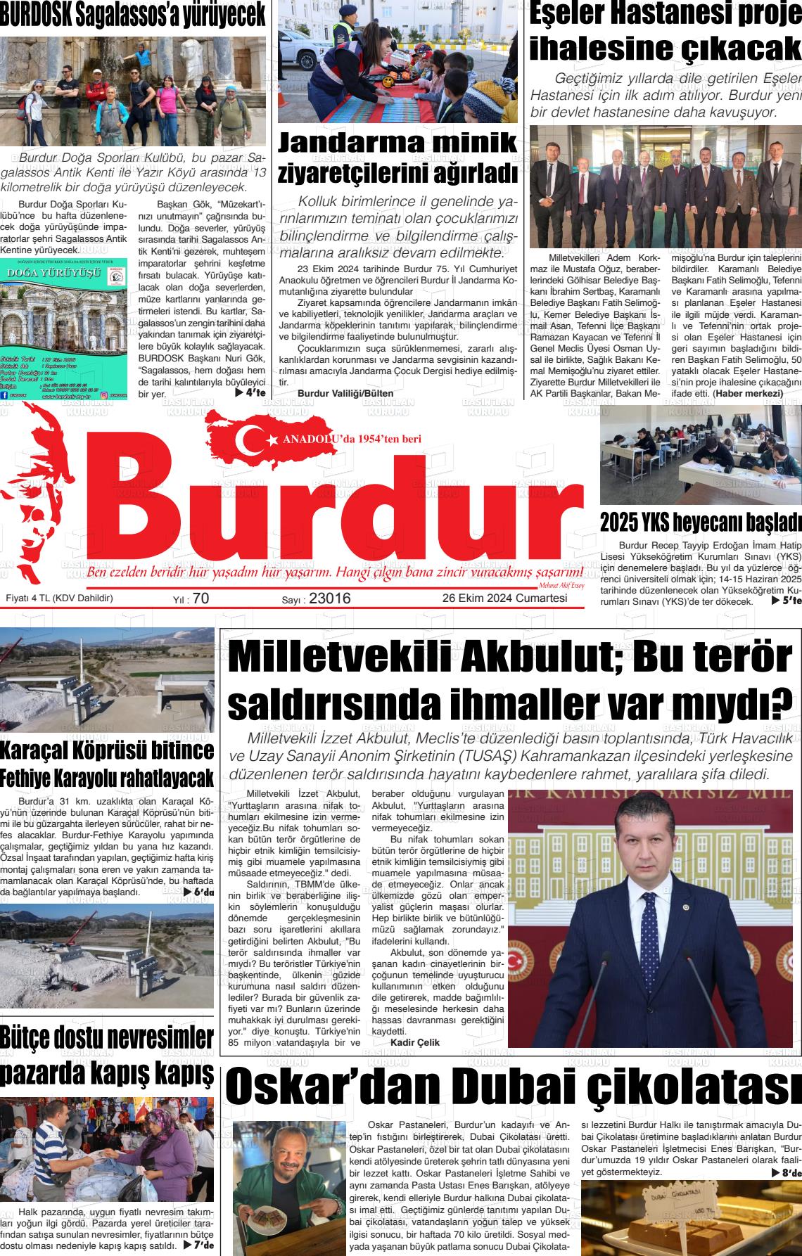 26 Ekim 2024 Burdur Gazete Manşeti