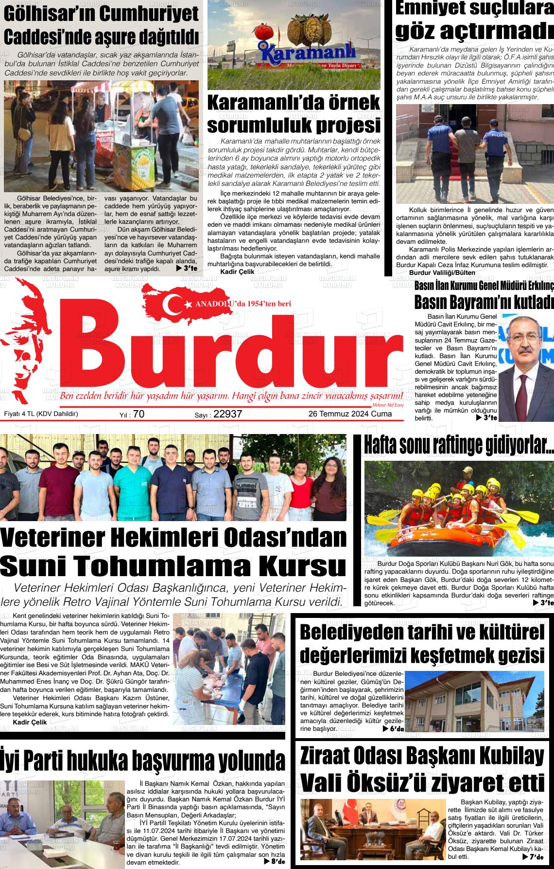 26 Temmuz 2024 Burdur Gazete Manşeti