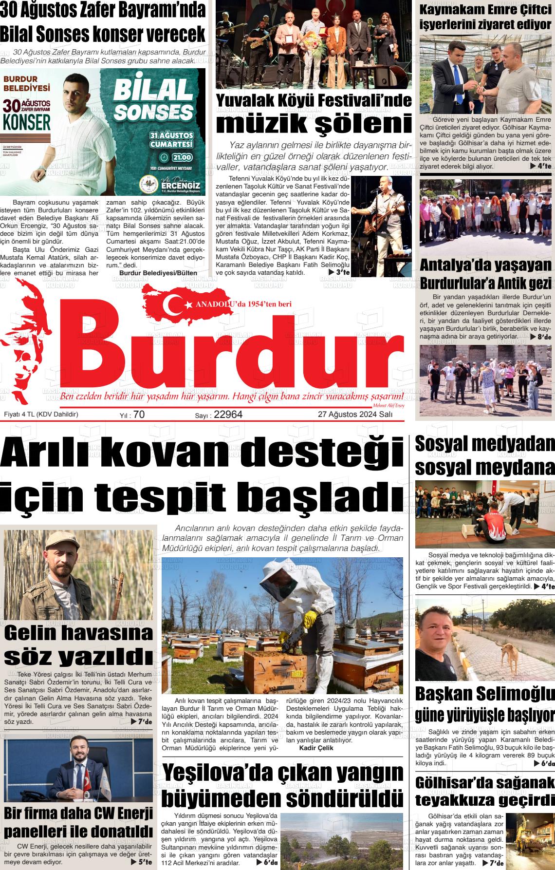 27 Ağustos 2024 Burdur Gazete Manşeti