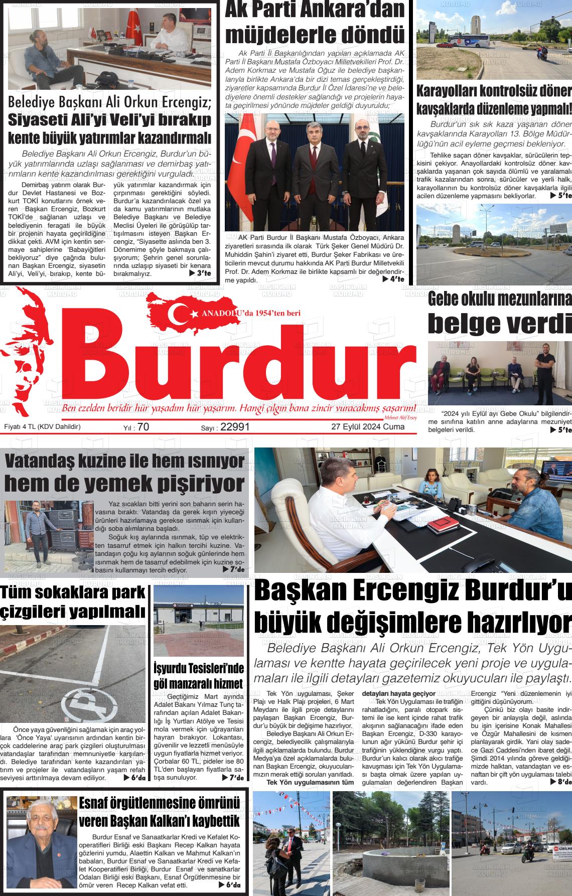 27 Eylül 2024 Burdur Gazete Manşeti