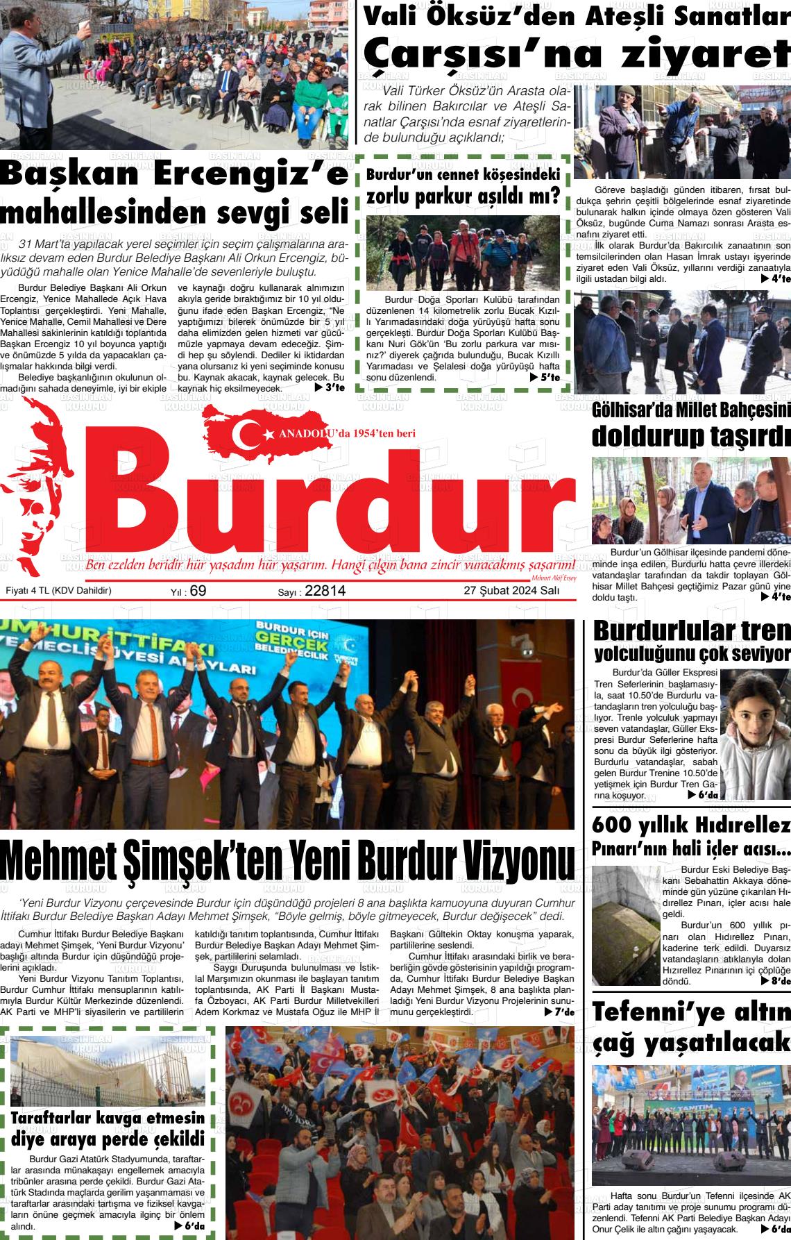 27 Şubat 2024 Burdur Gazete Manşeti