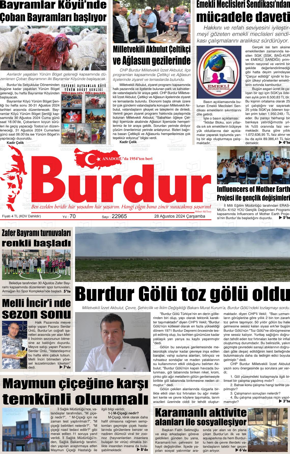 28 Ağustos 2024 Burdur Gazete Manşeti