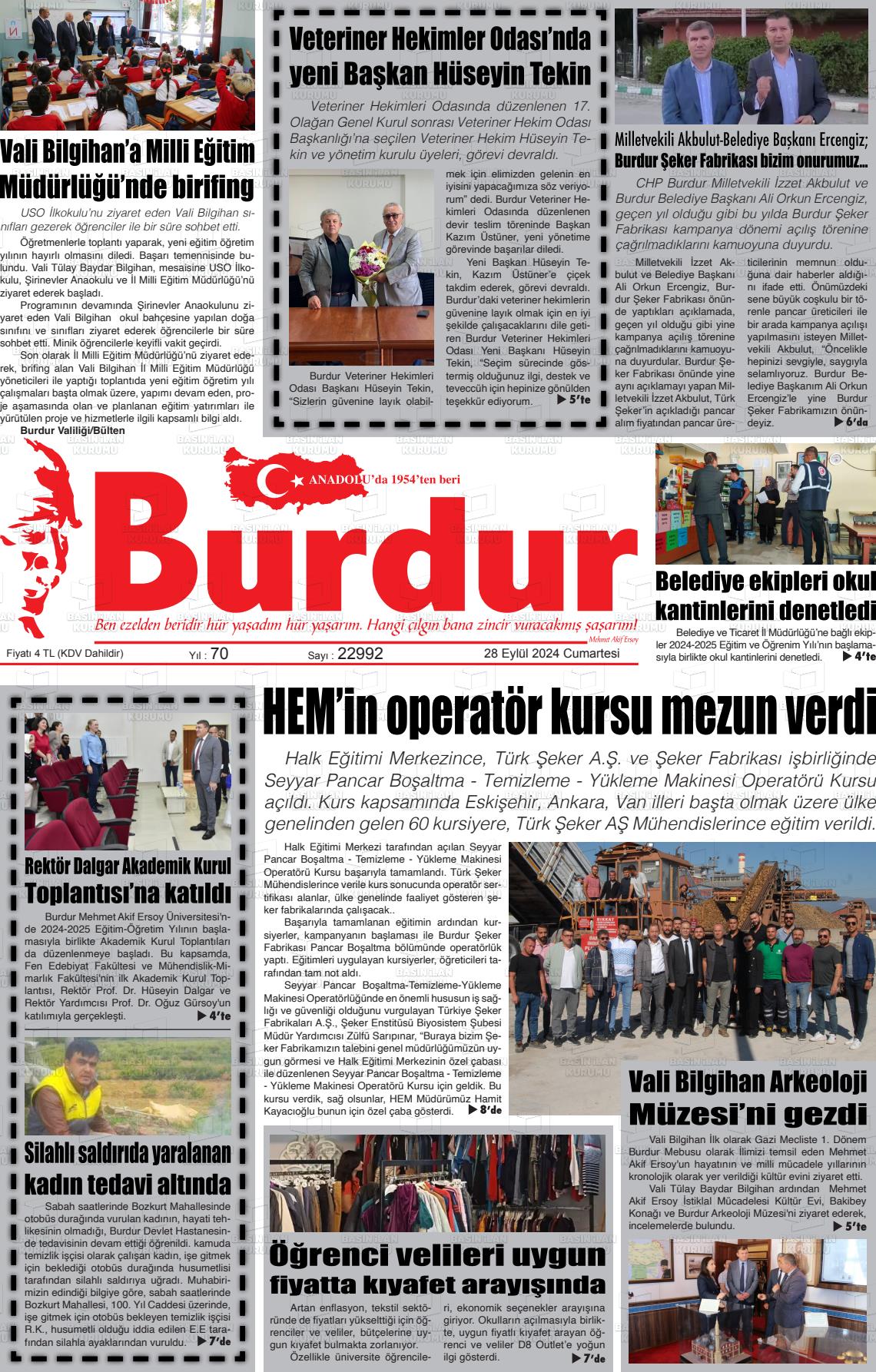 28 Eylül 2024 Burdur Gazete Manşeti