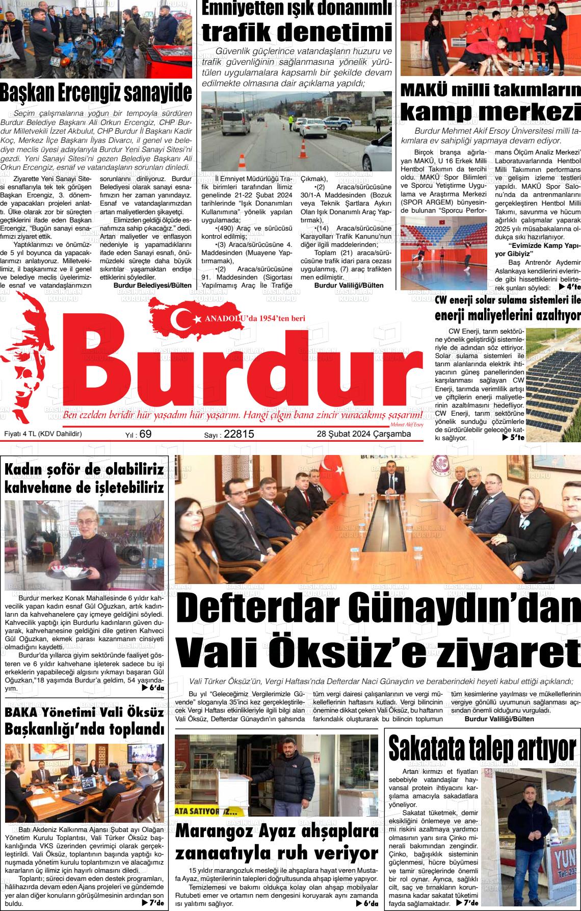 28 Şubat 2024 Burdur Gazete Manşeti